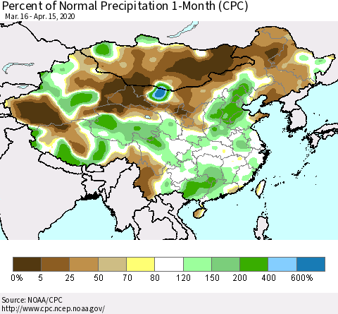China, Mongolia and Taiwan Percent of Normal Precipitation 1-Month (CPC) Thematic Map For 3/16/2020 - 4/15/2020