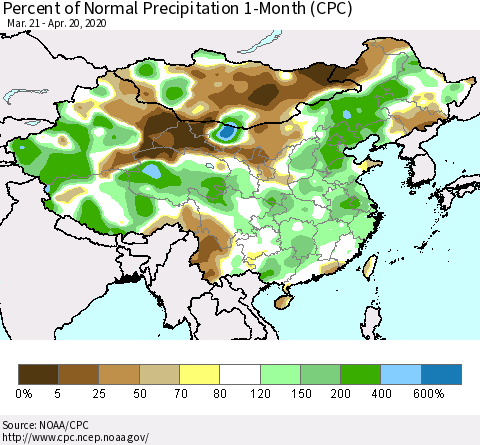 China, Mongolia and Taiwan Percent of Normal Precipitation 1-Month (CPC) Thematic Map For 3/21/2020 - 4/20/2020