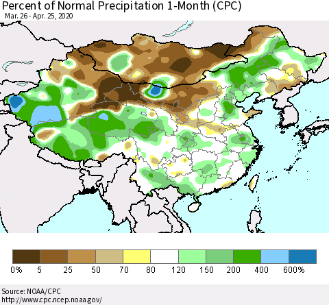China, Mongolia and Taiwan Percent of Normal Precipitation 1-Month (CPC) Thematic Map For 3/26/2020 - 4/25/2020