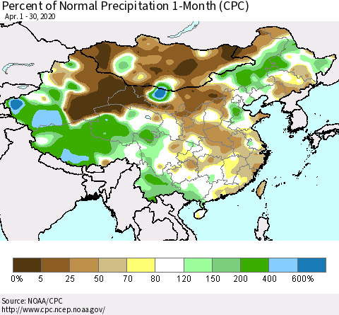 China, Mongolia and Taiwan Percent of Normal Precipitation 1-Month (CPC) Thematic Map For 4/1/2020 - 4/30/2020
