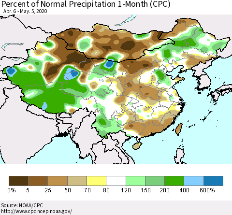 China, Mongolia and Taiwan Percent of Normal Precipitation 1-Month (CPC) Thematic Map For 4/6/2020 - 5/5/2020