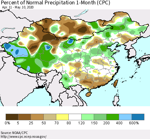 China, Mongolia and Taiwan Percent of Normal Precipitation 1-Month (CPC) Thematic Map For 4/11/2020 - 5/10/2020