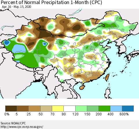 China, Mongolia and Taiwan Percent of Normal Precipitation 1-Month (CPC) Thematic Map For 4/16/2020 - 5/15/2020