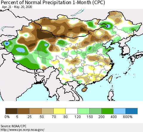 China, Mongolia and Taiwan Percent of Normal Precipitation 1-Month (CPC) Thematic Map For 4/21/2020 - 5/20/2020