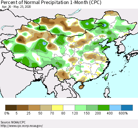 China, Mongolia and Taiwan Percent of Normal Precipitation 1-Month (CPC) Thematic Map For 4/26/2020 - 5/25/2020