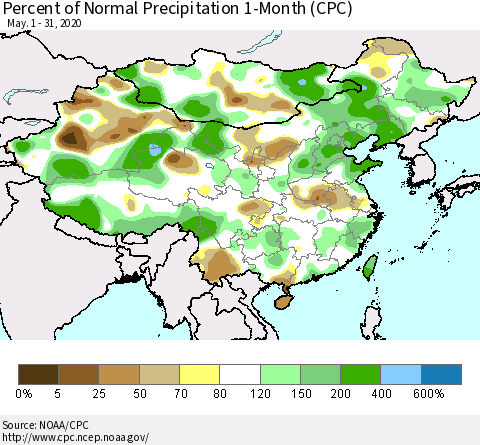 China, Mongolia and Taiwan Percent of Normal Precipitation 1-Month (CPC) Thematic Map For 5/1/2020 - 5/31/2020