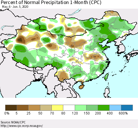 China, Mongolia and Taiwan Percent of Normal Precipitation 1-Month (CPC) Thematic Map For 5/6/2020 - 6/5/2020