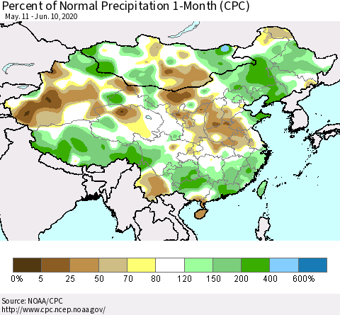 China, Mongolia and Taiwan Percent of Normal Precipitation 1-Month (CPC) Thematic Map For 5/11/2020 - 6/10/2020