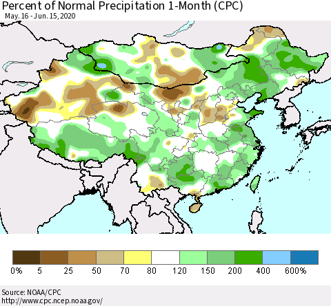 China, Mongolia and Taiwan Percent of Normal Precipitation 1-Month (CPC) Thematic Map For 5/16/2020 - 6/15/2020