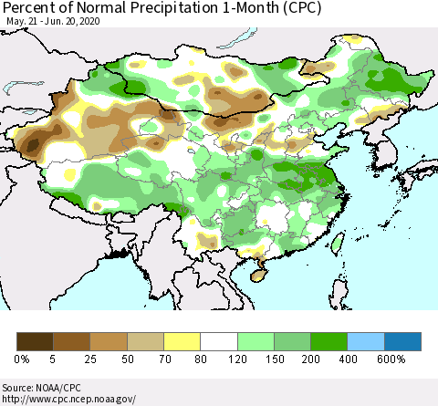 China, Mongolia and Taiwan Percent of Normal Precipitation 1-Month (CPC) Thematic Map For 5/21/2020 - 6/20/2020