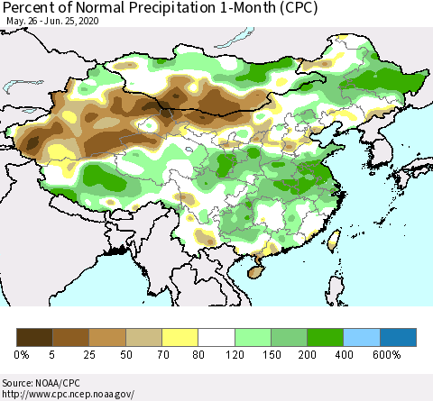 China, Mongolia and Taiwan Percent of Normal Precipitation 1-Month (CPC) Thematic Map For 5/26/2020 - 6/25/2020