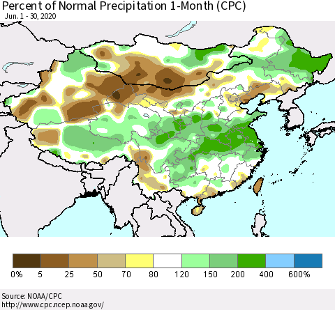 China, Mongolia and Taiwan Percent of Normal Precipitation 1-Month (CPC) Thematic Map For 6/1/2020 - 6/30/2020