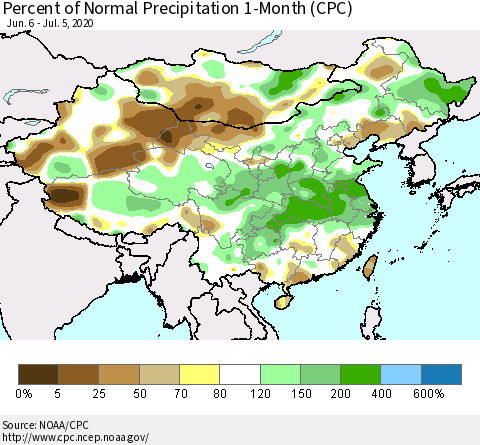 China, Mongolia and Taiwan Percent of Normal Precipitation 1-Month (CPC) Thematic Map For 6/6/2020 - 7/5/2020