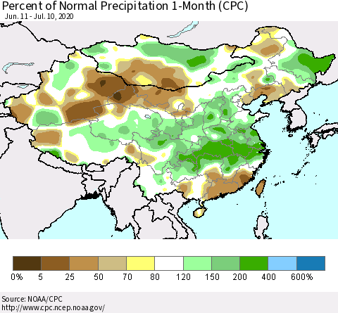 China, Mongolia and Taiwan Percent of Normal Precipitation 1-Month (CPC) Thematic Map For 6/11/2020 - 7/10/2020