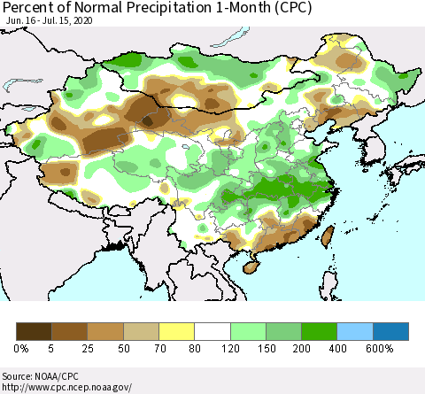 China, Mongolia and Taiwan Percent of Normal Precipitation 1-Month (CPC) Thematic Map For 6/16/2020 - 7/15/2020