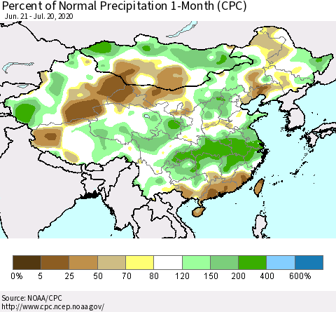China, Mongolia and Taiwan Percent of Normal Precipitation 1-Month (CPC) Thematic Map For 6/21/2020 - 7/20/2020