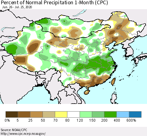 China, Mongolia and Taiwan Percent of Normal Precipitation 1-Month (CPC) Thematic Map For 6/26/2020 - 7/25/2020