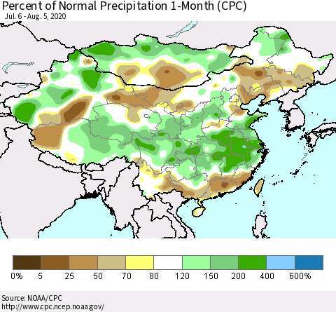 China, Mongolia and Taiwan Percent of Normal Precipitation 1-Month (CPC) Thematic Map For 7/6/2020 - 8/5/2020