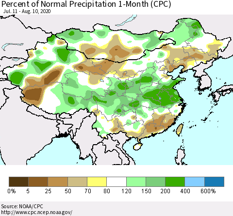 China, Mongolia and Taiwan Percent of Normal Precipitation 1-Month (CPC) Thematic Map For 7/11/2020 - 8/10/2020