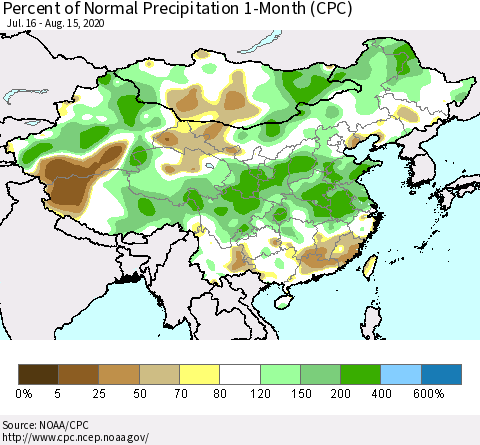 China, Mongolia and Taiwan Percent of Normal Precipitation 1-Month (CPC) Thematic Map For 7/16/2020 - 8/15/2020