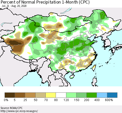 China, Mongolia and Taiwan Percent of Normal Precipitation 1-Month (CPC) Thematic Map For 7/21/2020 - 8/20/2020