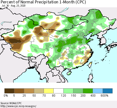 China, Mongolia and Taiwan Percent of Normal Precipitation 1-Month (CPC) Thematic Map For 7/26/2020 - 8/25/2020
