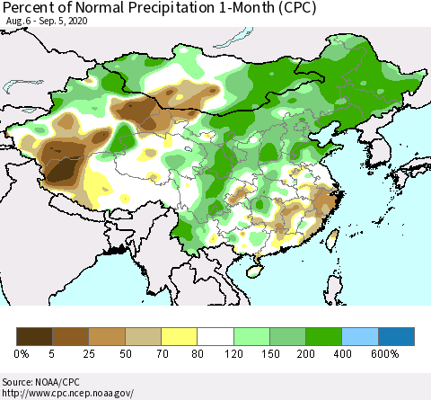 China, Mongolia and Taiwan Percent of Normal Precipitation 1-Month (CPC) Thematic Map For 8/6/2020 - 9/5/2020