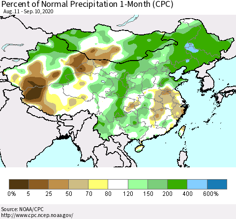 China, Mongolia and Taiwan Percent of Normal Precipitation 1-Month (CPC) Thematic Map For 8/11/2020 - 9/10/2020