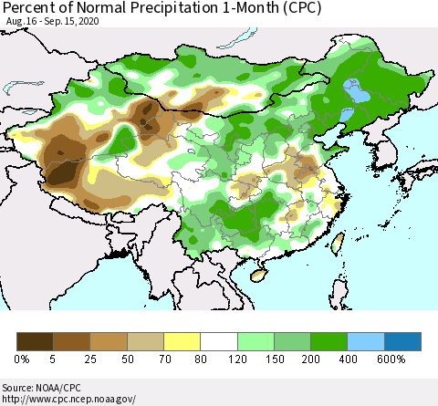 China, Mongolia and Taiwan Percent of Normal Precipitation 1-Month (CPC) Thematic Map For 8/16/2020 - 9/15/2020