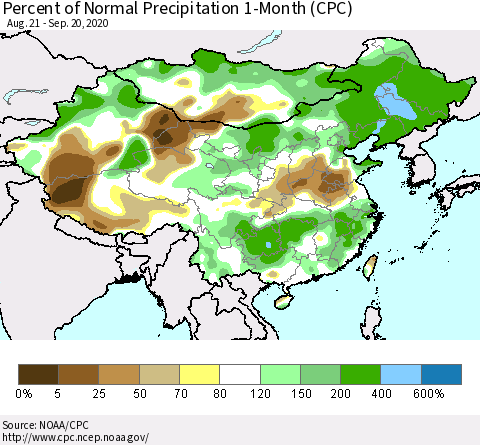 China, Mongolia and Taiwan Percent of Normal Precipitation 1-Month (CPC) Thematic Map For 8/21/2020 - 9/20/2020