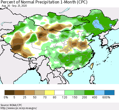 China, Mongolia and Taiwan Percent of Normal Precipitation 1-Month (CPC) Thematic Map For 8/26/2020 - 9/25/2020