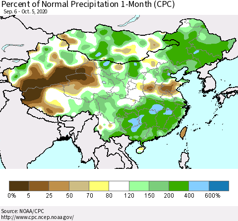 China, Mongolia and Taiwan Percent of Normal Precipitation 1-Month (CPC) Thematic Map For 9/6/2020 - 10/5/2020