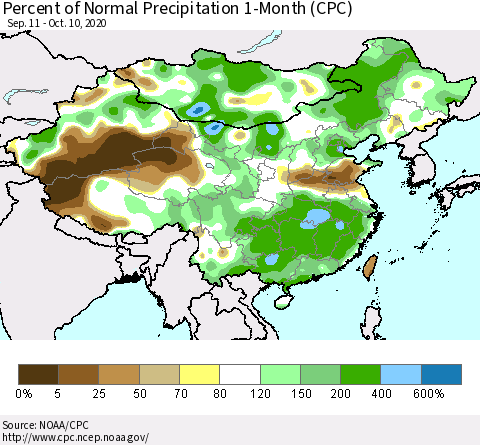China, Mongolia and Taiwan Percent of Normal Precipitation 1-Month (CPC) Thematic Map For 9/11/2020 - 10/10/2020