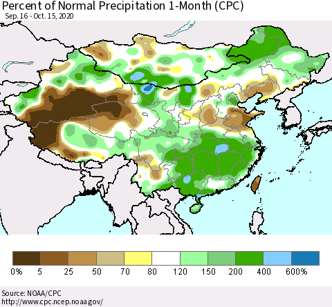 China, Mongolia and Taiwan Percent of Normal Precipitation 1-Month (CPC) Thematic Map For 9/16/2020 - 10/15/2020
