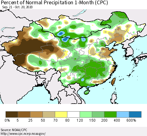 China, Mongolia and Taiwan Percent of Normal Precipitation 1-Month (CPC) Thematic Map For 9/21/2020 - 10/20/2020