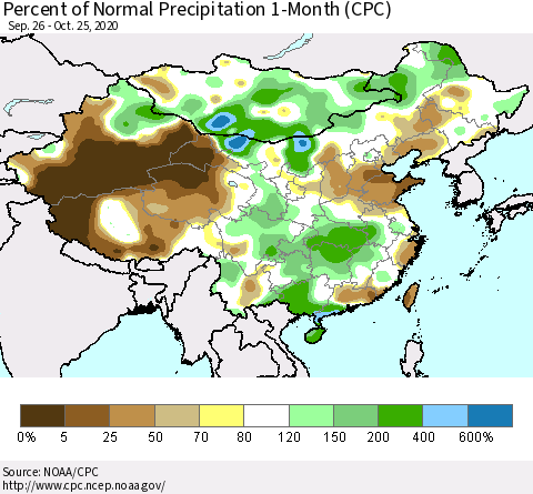 China, Mongolia and Taiwan Percent of Normal Precipitation 1-Month (CPC) Thematic Map For 9/26/2020 - 10/25/2020