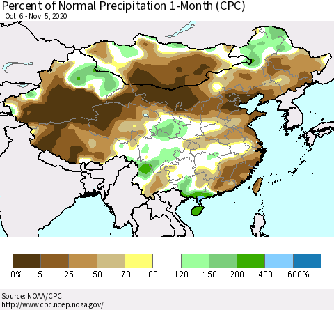 China, Mongolia and Taiwan Percent of Normal Precipitation 1-Month (CPC) Thematic Map For 10/6/2020 - 11/5/2020