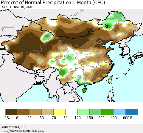 China, Mongolia and Taiwan Percent of Normal Precipitation 1-Month (CPC) Thematic Map For 10/11/2020 - 11/10/2020