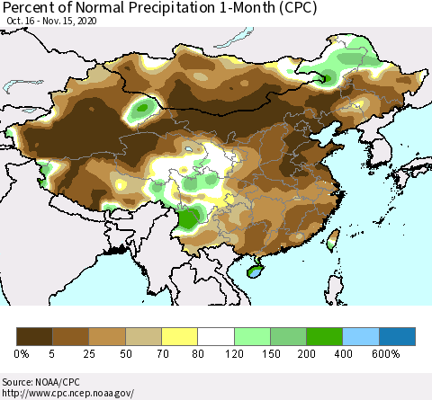 China, Mongolia and Taiwan Percent of Normal Precipitation 1-Month (CPC) Thematic Map For 10/16/2020 - 11/15/2020