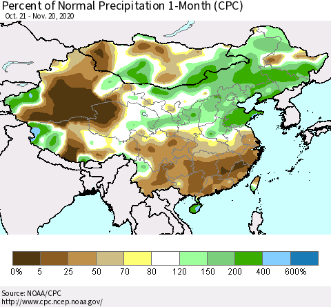 China, Mongolia and Taiwan Percent of Normal Precipitation 1-Month (CPC) Thematic Map For 10/21/2020 - 11/20/2020