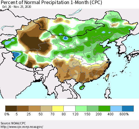 China, Mongolia and Taiwan Percent of Normal Precipitation 1-Month (CPC) Thematic Map For 10/26/2020 - 11/25/2020