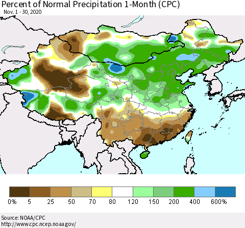 China, Mongolia and Taiwan Percent of Normal Precipitation 1-Month (CPC) Thematic Map For 11/1/2020 - 11/30/2020