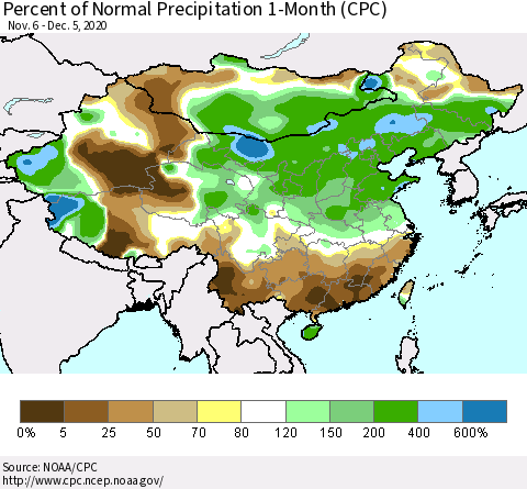 China, Mongolia and Taiwan Percent of Normal Precipitation 1-Month (CPC) Thematic Map For 11/6/2020 - 12/5/2020