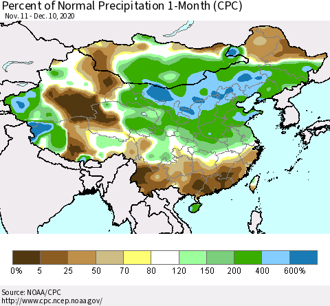 China, Mongolia and Taiwan Percent of Normal Precipitation 1-Month (CPC) Thematic Map For 11/11/2020 - 12/10/2020