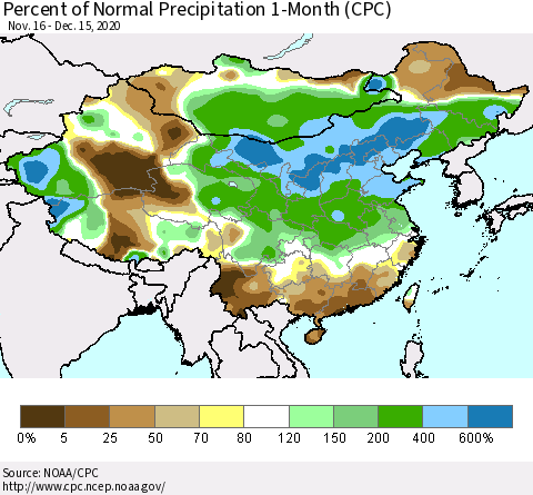China, Mongolia and Taiwan Percent of Normal Precipitation 1-Month (CPC) Thematic Map For 11/16/2020 - 12/15/2020