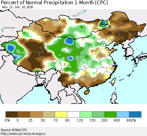 China, Mongolia and Taiwan Percent of Normal Precipitation 1-Month (CPC) Thematic Map For 11/21/2020 - 12/20/2020