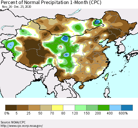 China, Mongolia and Taiwan Percent of Normal Precipitation 1-Month (CPC) Thematic Map For 11/26/2020 - 12/25/2020