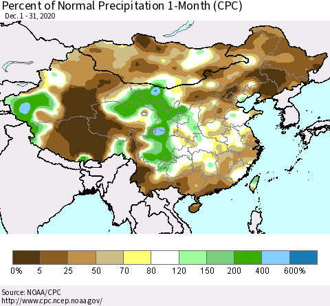 China, Mongolia and Taiwan Percent of Normal Precipitation 1-Month (CPC) Thematic Map For 12/1/2020 - 12/31/2020