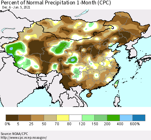 China, Mongolia and Taiwan Percent of Normal Precipitation 1-Month (CPC) Thematic Map For 12/6/2020 - 1/5/2021
