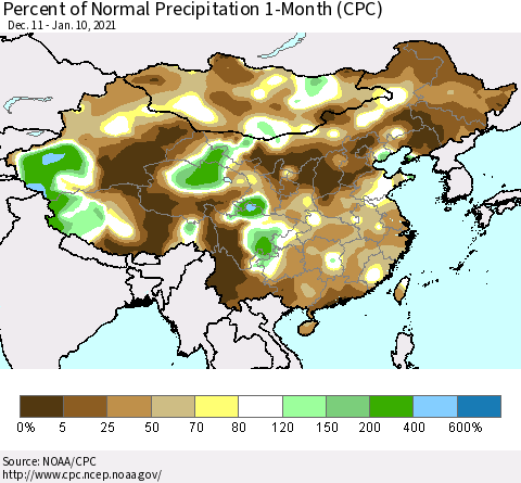 China, Mongolia and Taiwan Percent of Normal Precipitation 1-Month (CPC) Thematic Map For 12/11/2020 - 1/10/2021